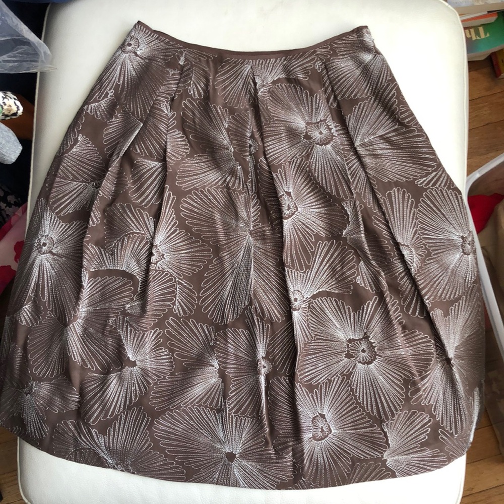 Talbots silk brown with white floral embroidery full skirt